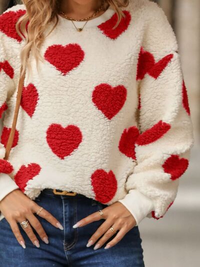 swvws Fuzzy Heart Dropped Shoulder Sweatshirt