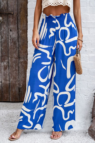 swvws Smocked Printed Wide Leg Pants with Pockets