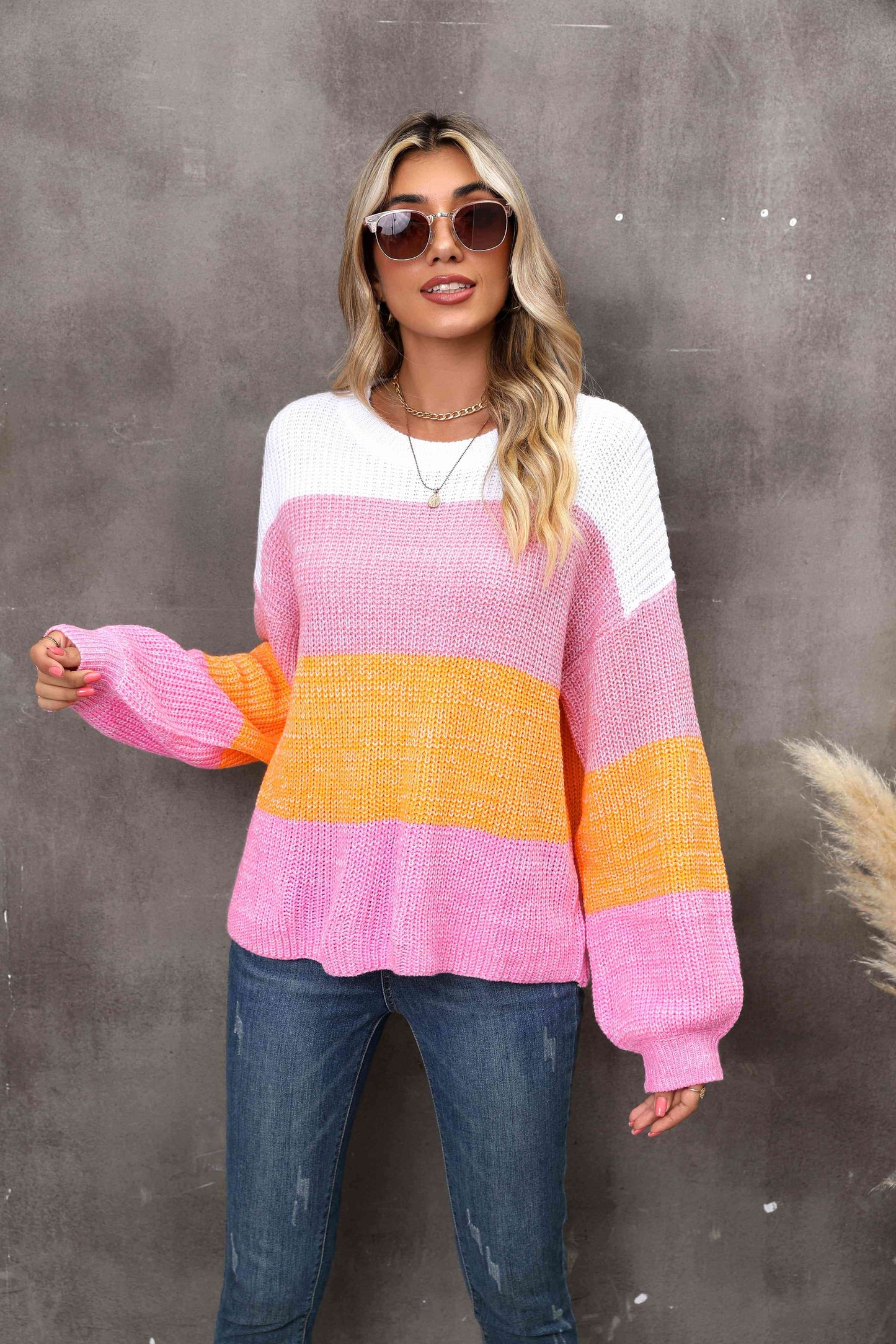 swvws Color Block Round Neck Dropped Shoulder Sweater