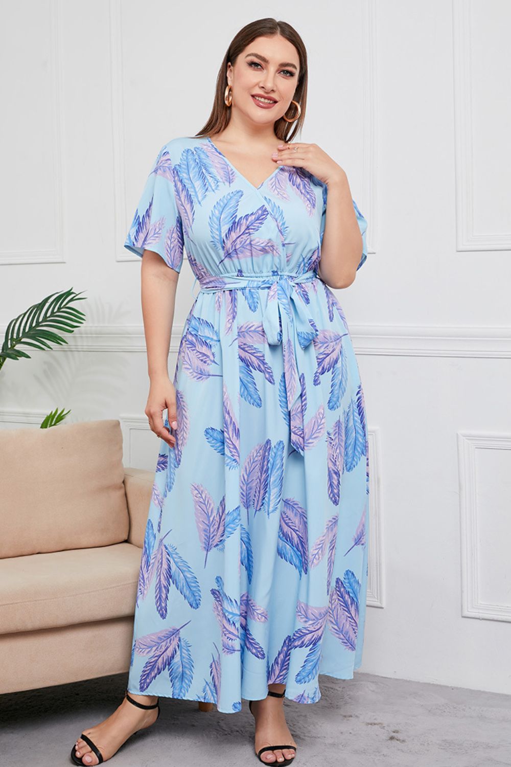 swvws Plus Size Printed Surplice Short Sleeve Maxi Dress