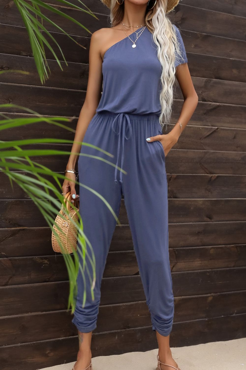 swvws Drawstring Waist One-Shoulder Jumpsuit with Pockets