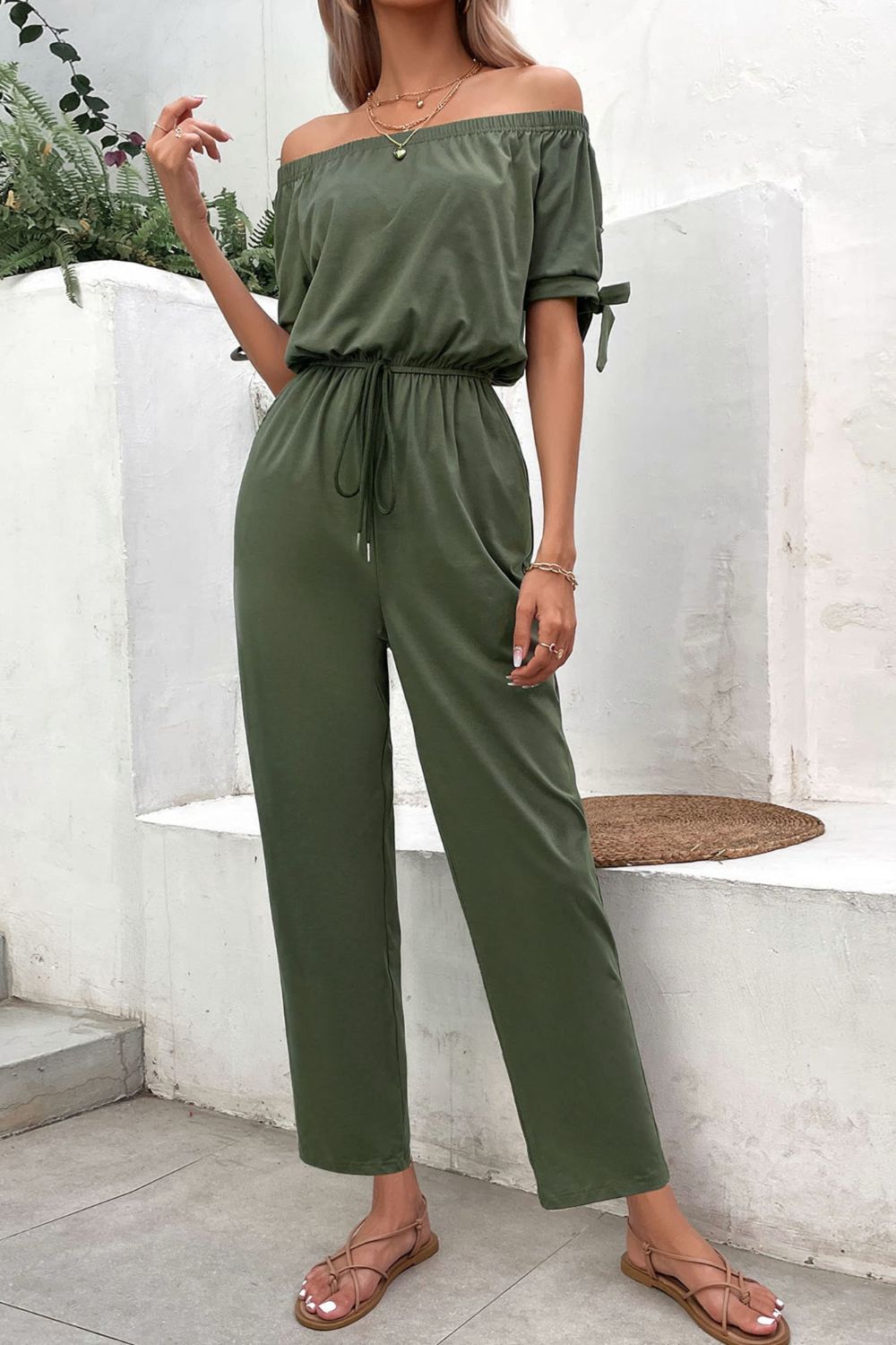 swvws Off-Shoulder Tie Cuff Jumpsuit with Pockets