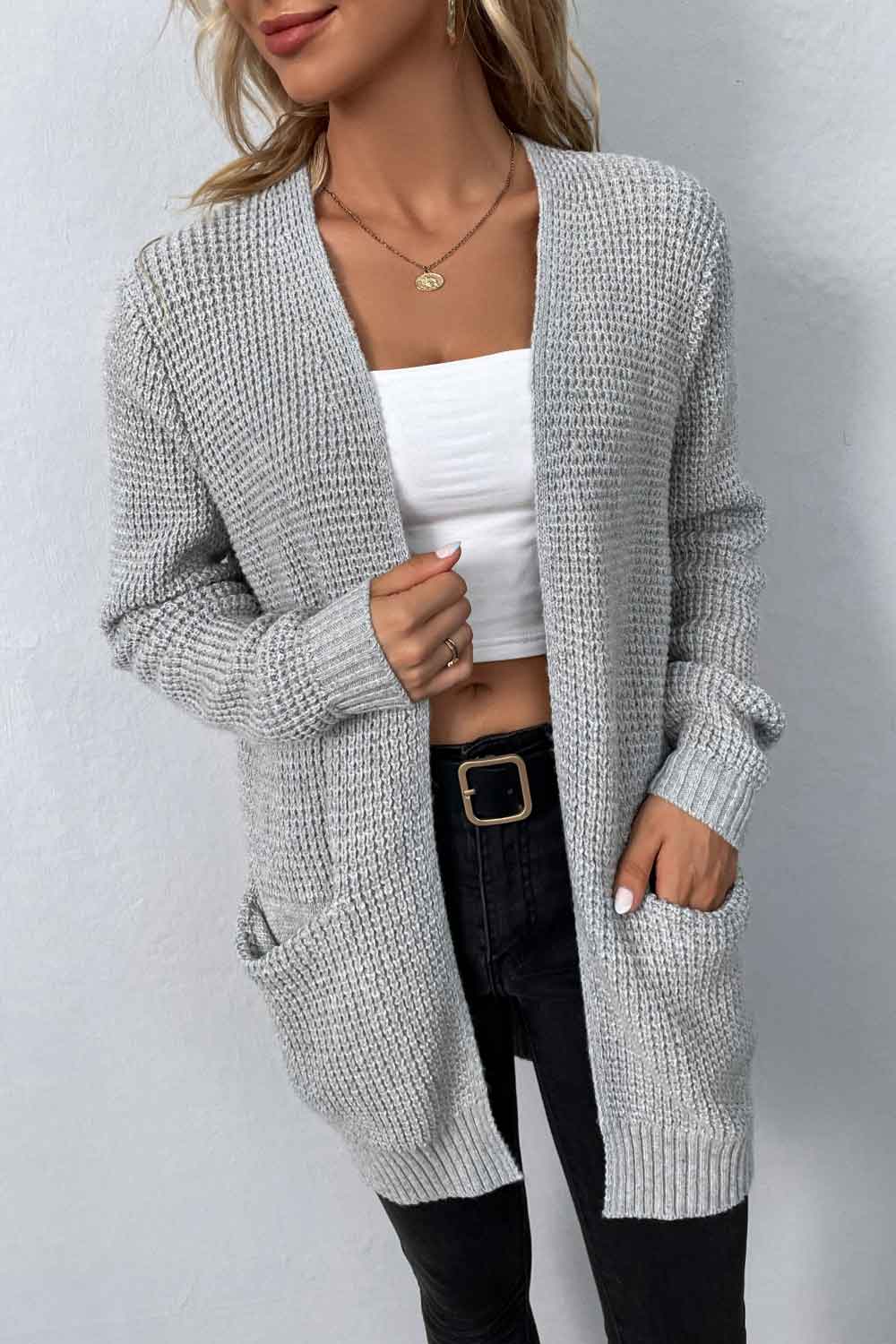 swvws Rib-Knit Open Front Pocketed Cardigan