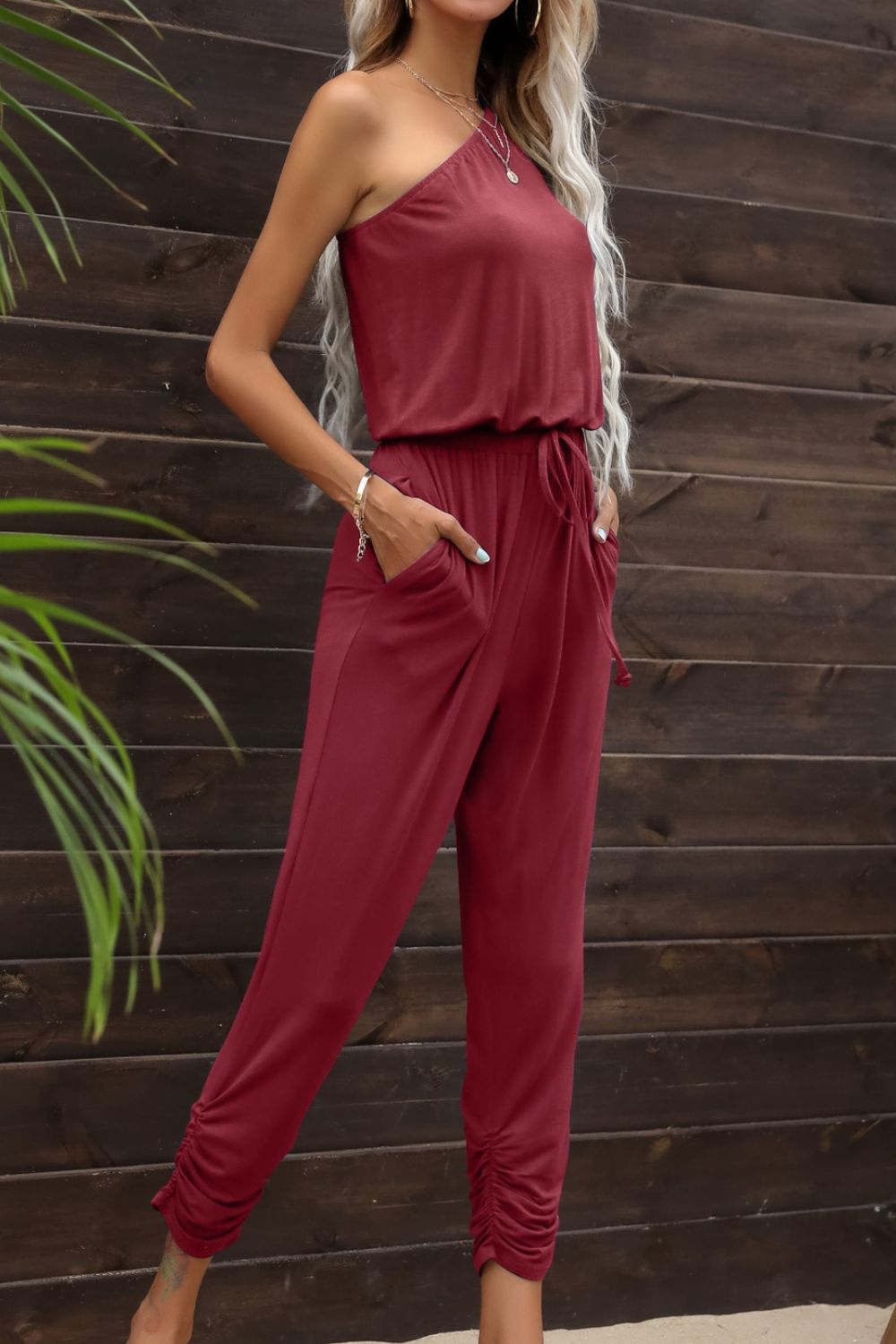 swvws Drawstring Waist One-Shoulder Jumpsuit with Pockets