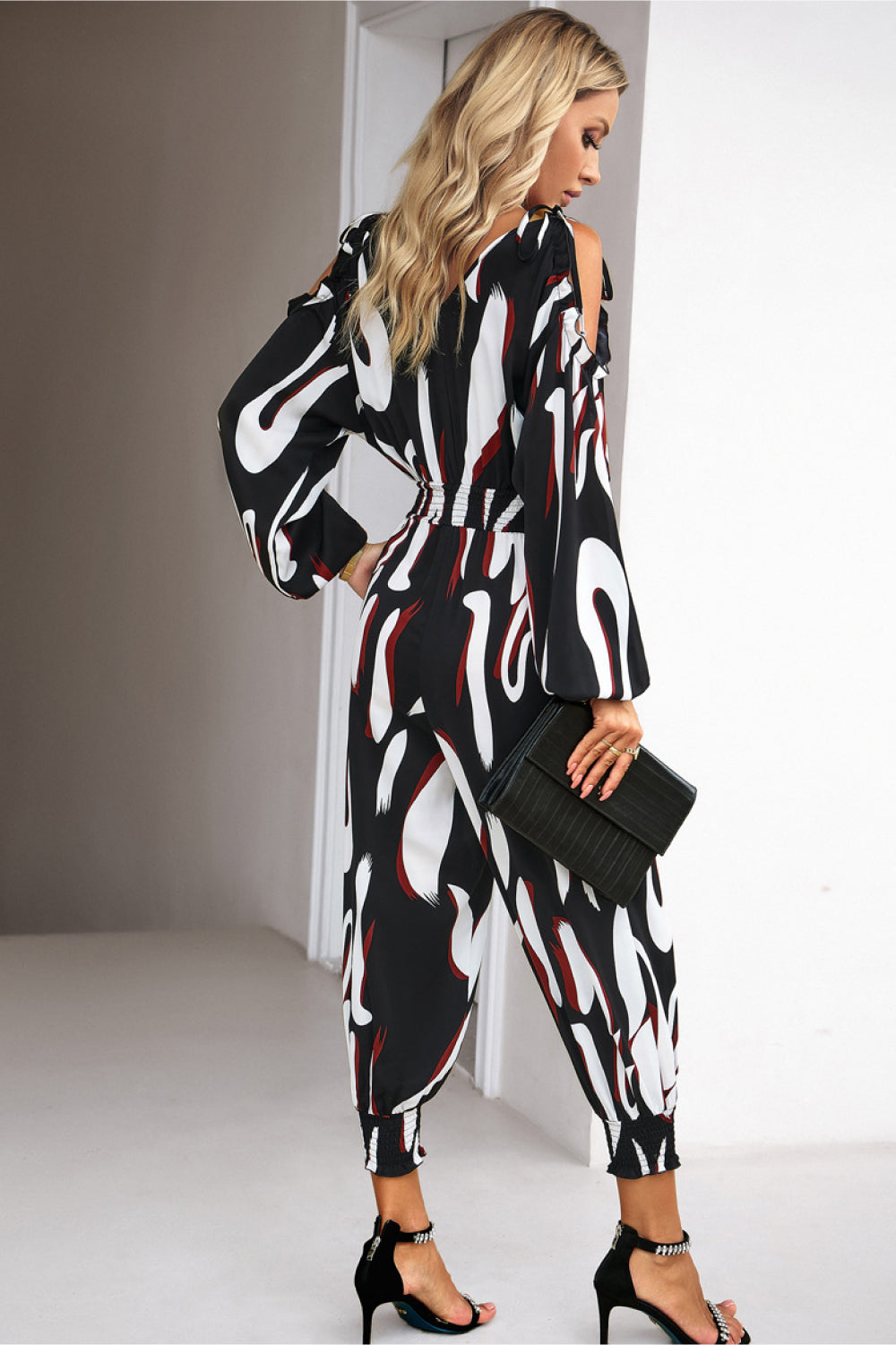 swvws Printed Cold-Shoulder Surplice Neck Jumpsuit