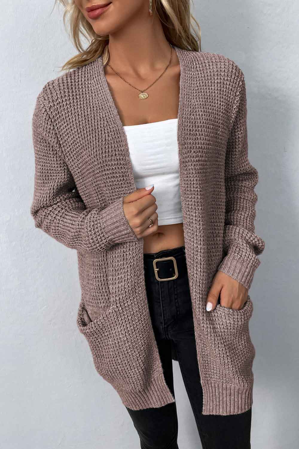 swvws Rib-Knit Open Front Pocketed Cardigan