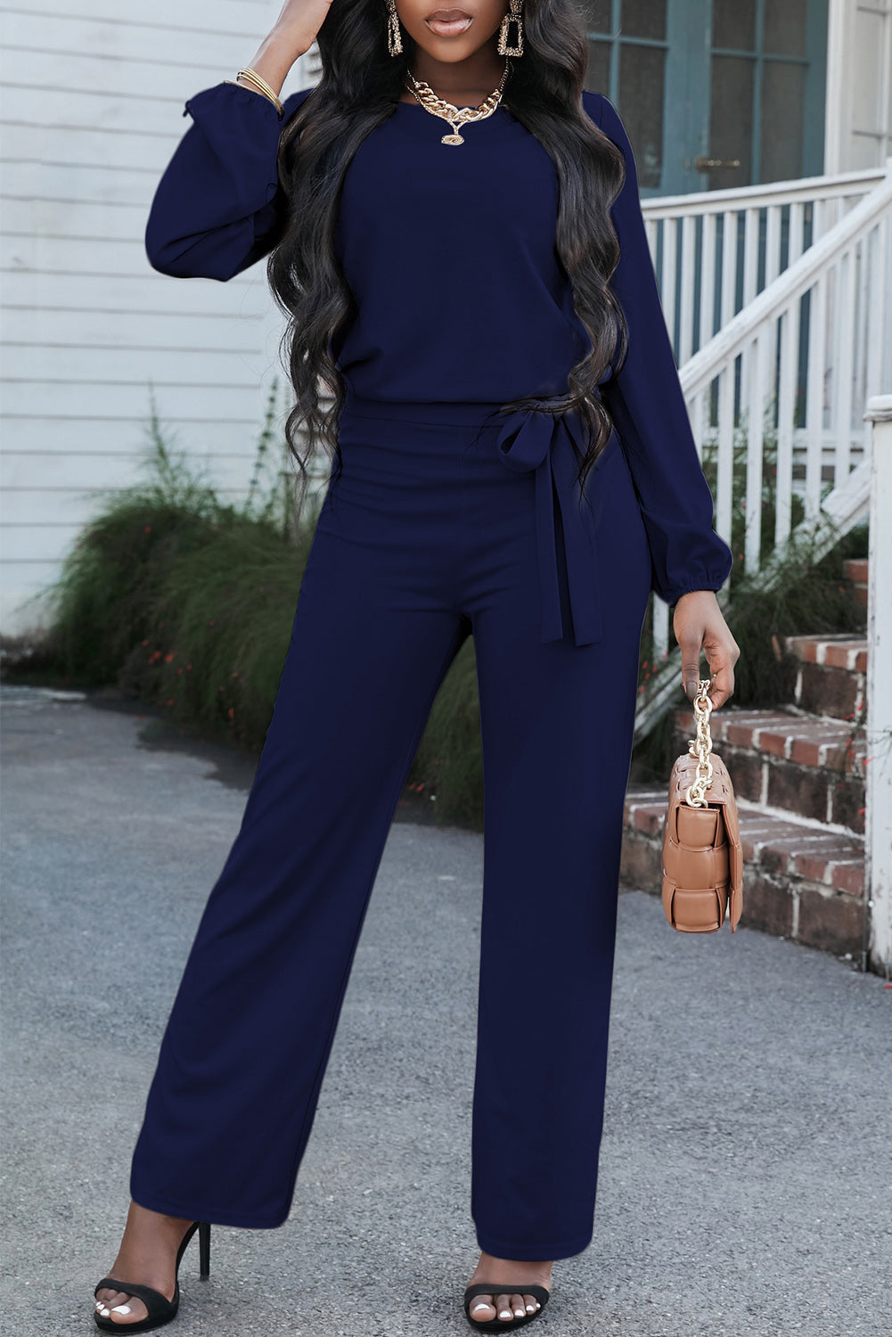 swvws Boat Neck Tie Belt Jumpsuit