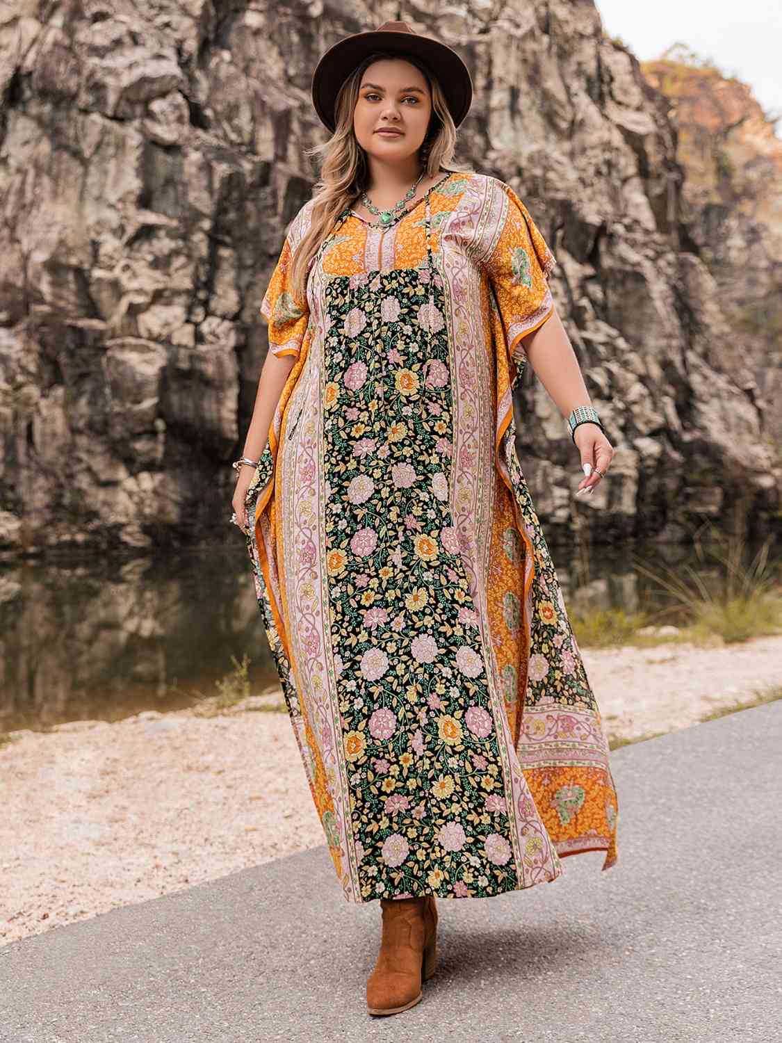 swvws Plus Size Tie Neck Maxi Dress