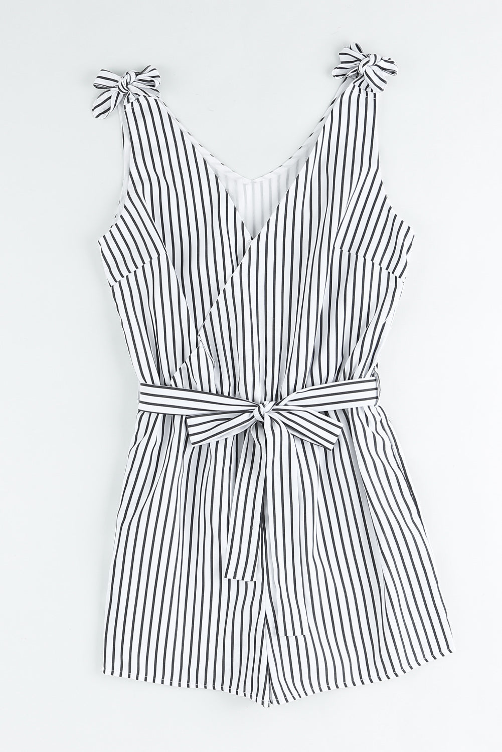 swvws Striped Tie-Shoulder Belted Surplice Romper