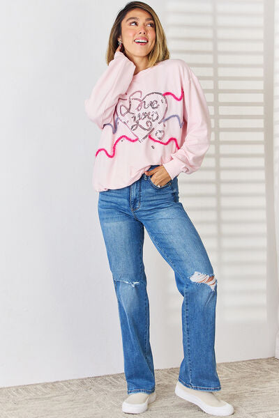 swvws LOVE YOU Heart Sequin Round Neck Sweatshirt