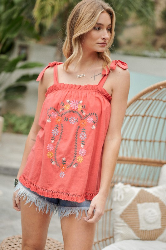 swvws Embroidered Sleeveless Ruffle Tank Top