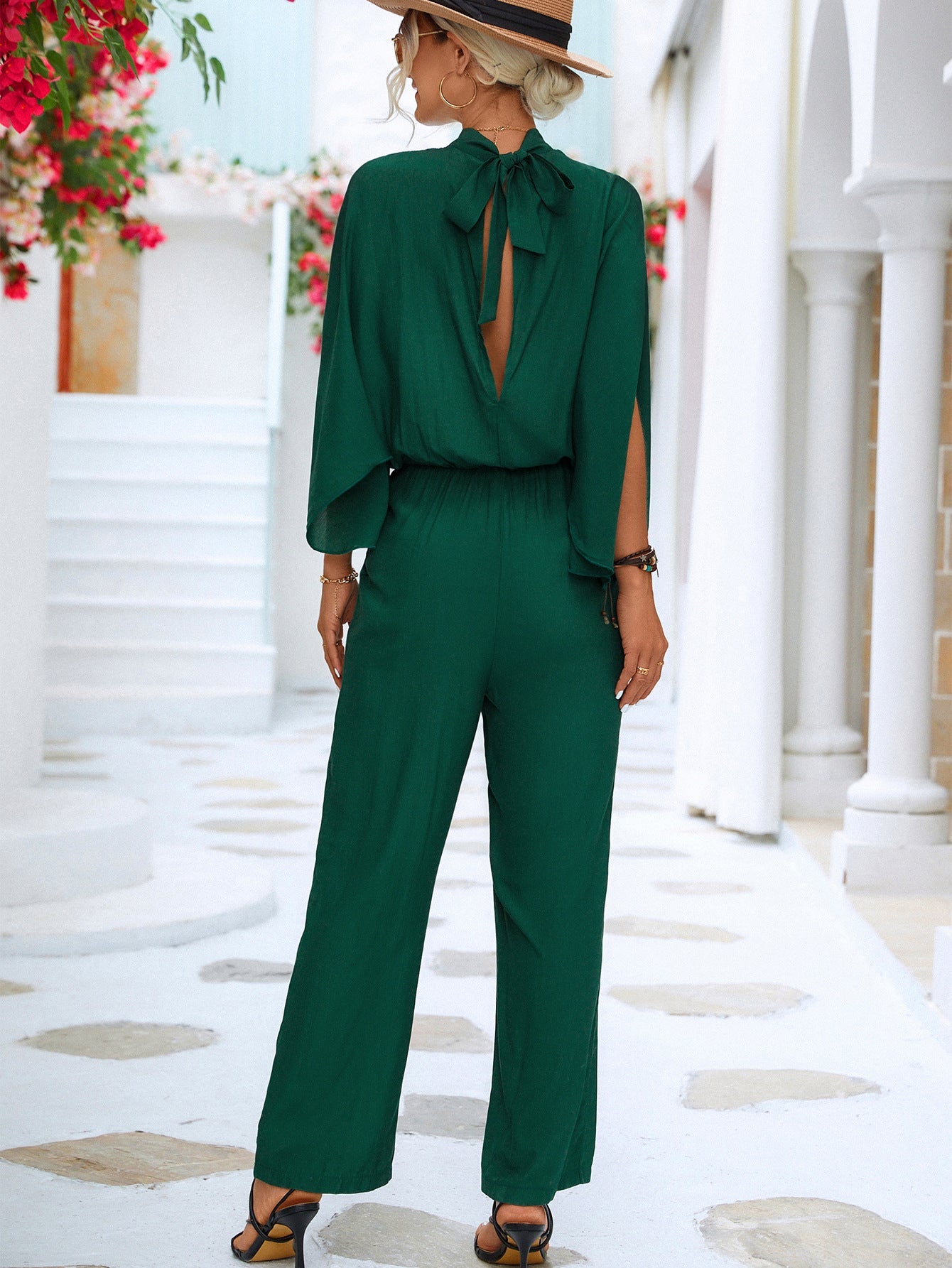 swvws Tie Back Mock Neck Split Sleeve Jumpsuit