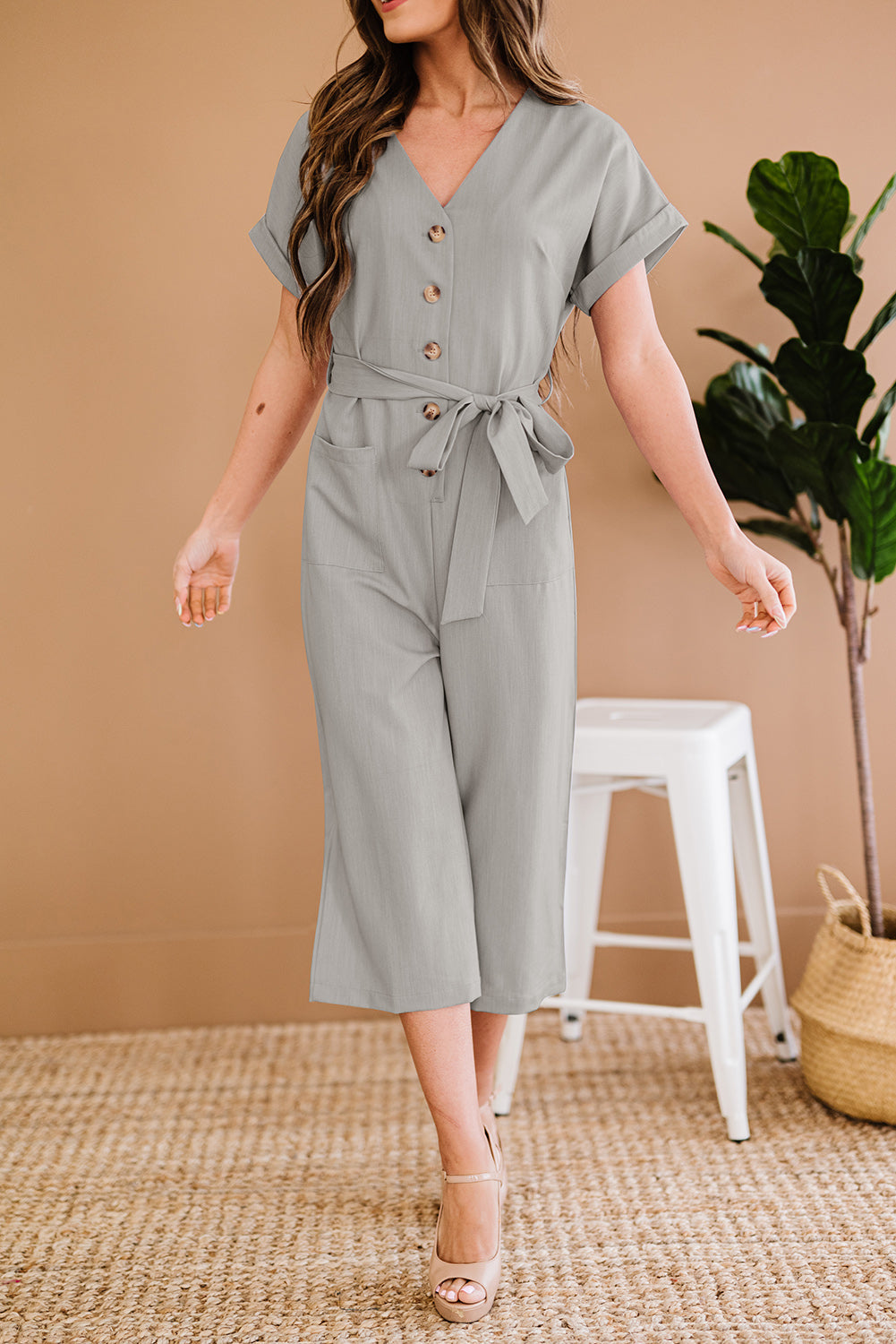 swvws Button Front Belted Cropped Jumpsuit with Pockets