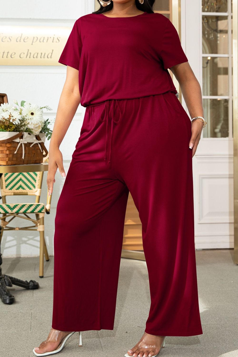 swvws Plus Size Drawstring Waist Short Sleeve Jumpsuit