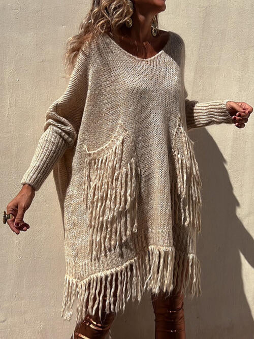 swvws Fringe Detail Long Sleeve Sweater with Pockets