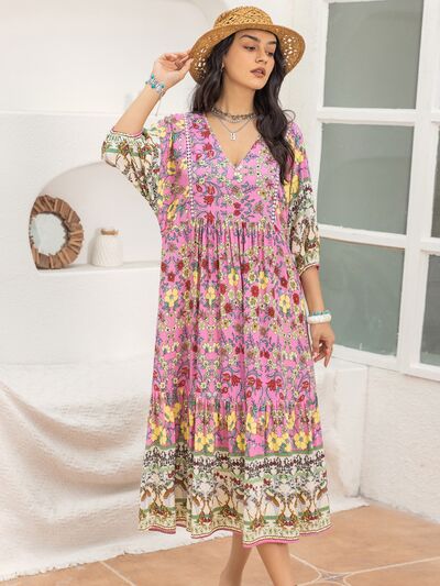 swvws Printed V-Neck Balloon Sleeve Dress