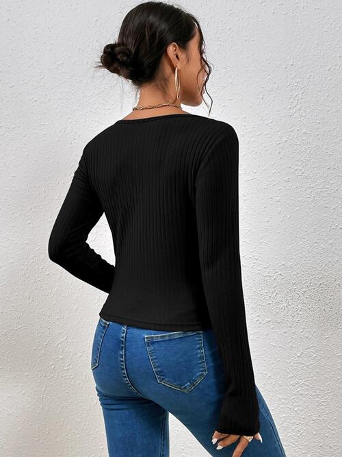 swvws Ribbed Crisscross V-Neck Long Sleeve Knit Top