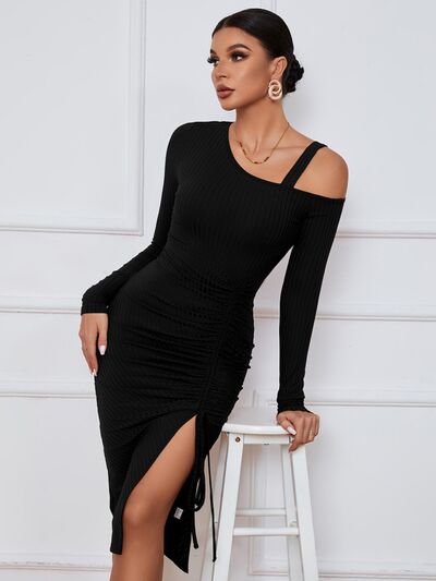 swvws Ribbed Ruched Drawstring Wrap Dress