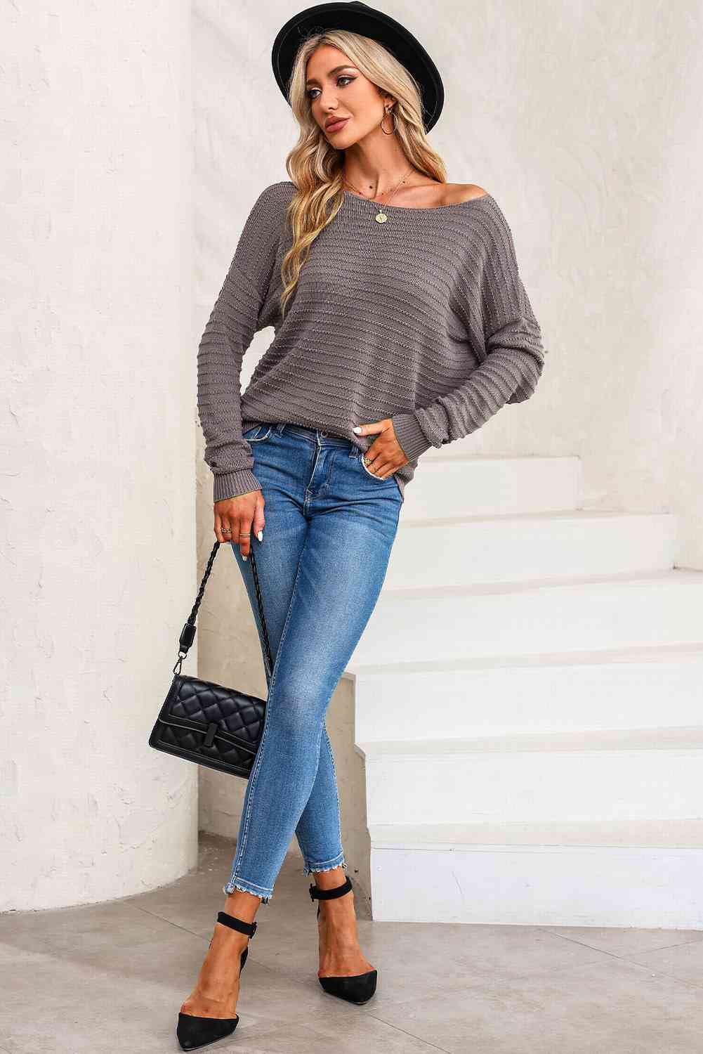 swvws Horizontal Ribbing Round Neck Sweater