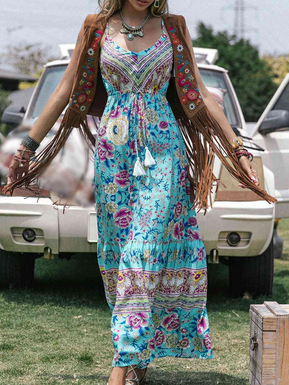 swvws Printed Scoop Neck Sleeveless Maxi Dress