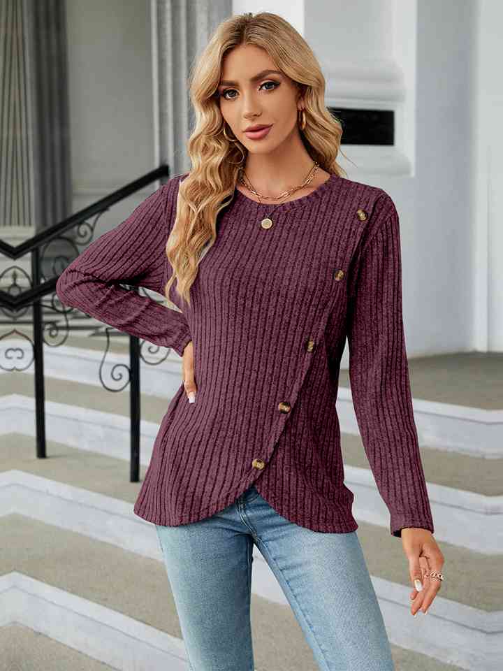 swvws Round Neck Ribbed Button Detail Blouse