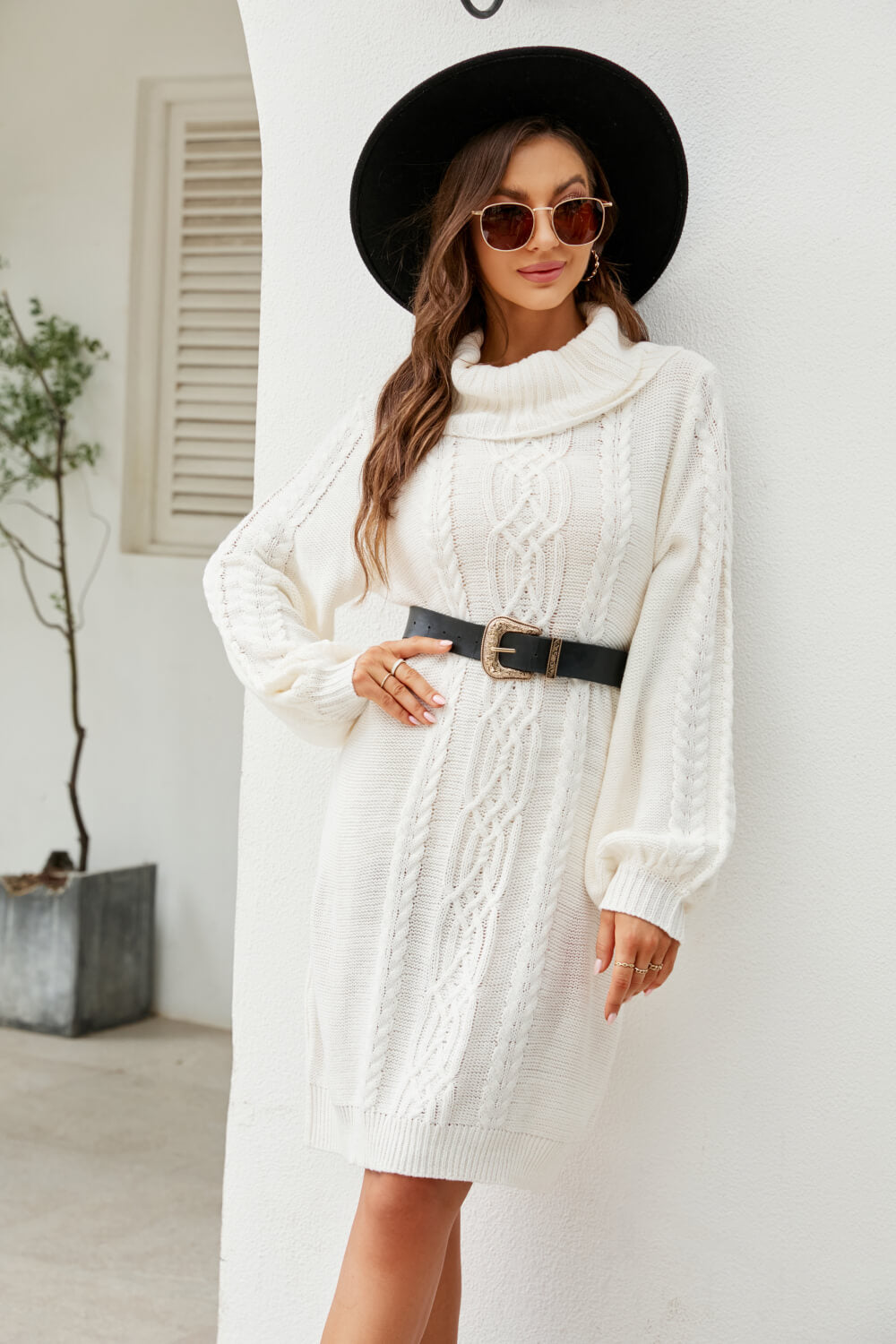 swvws Mixed Knit Turtleneck Lantern Sleeve Sweater Dress