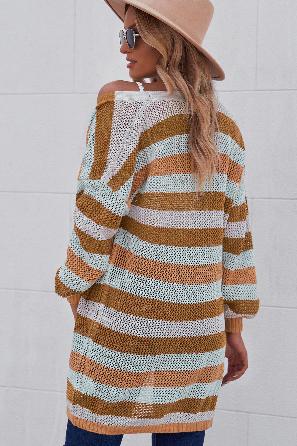 swvws Full Size Striped Long Sleeve Openwork Cardigan