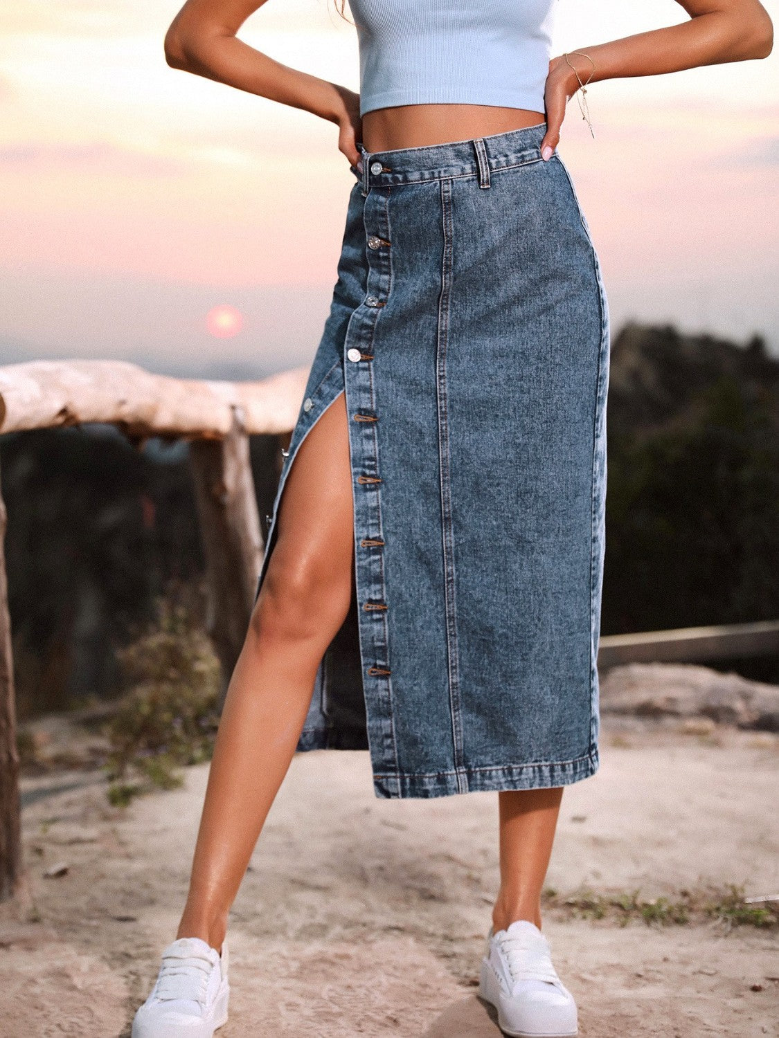 themeisles Button Down Denim Skirt