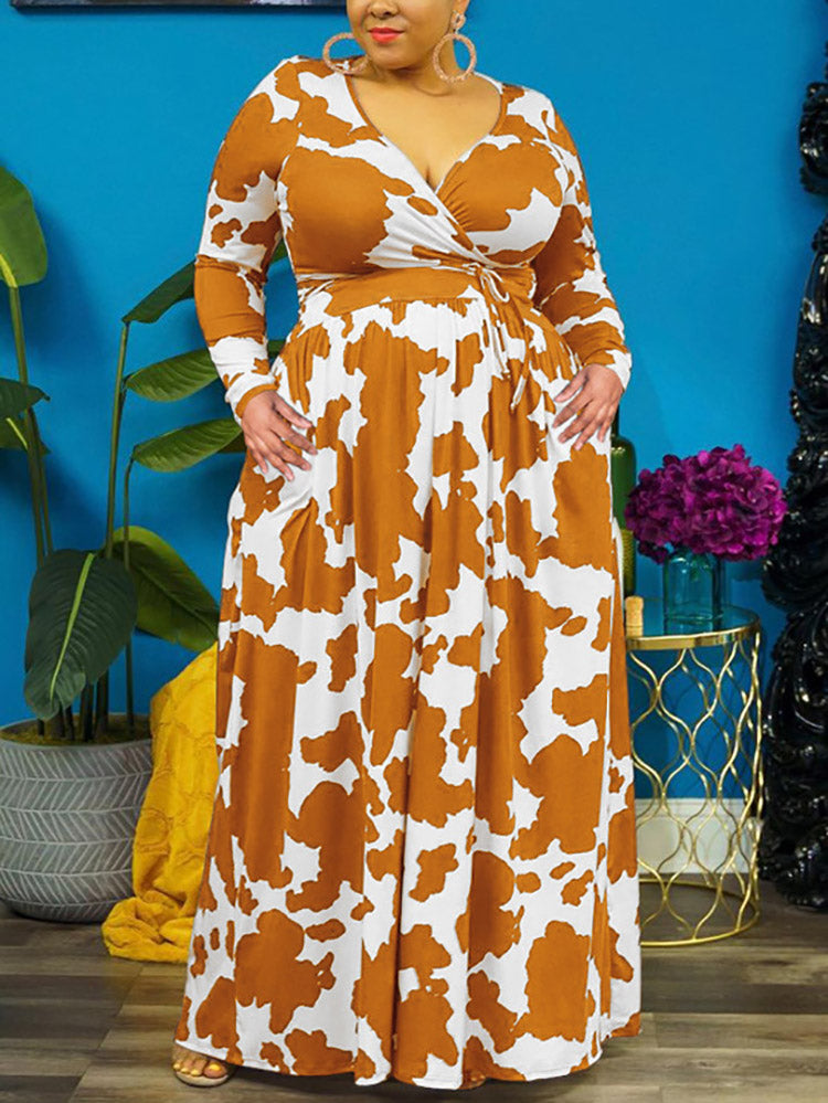 Sixsr Cow Print V Neck Wrap Dress