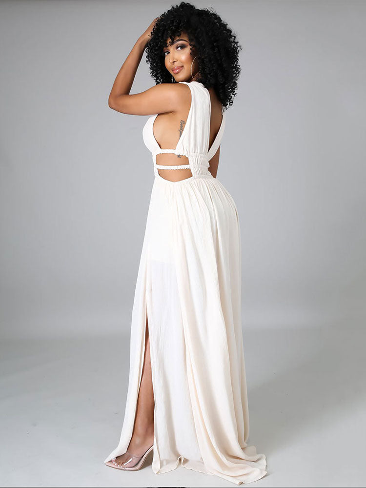 Sixsr Sleeveless V Neck Slit Maxi Dress