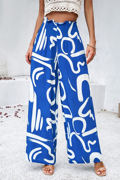 swvws Smocked Printed Wide Leg Pants with Pockets