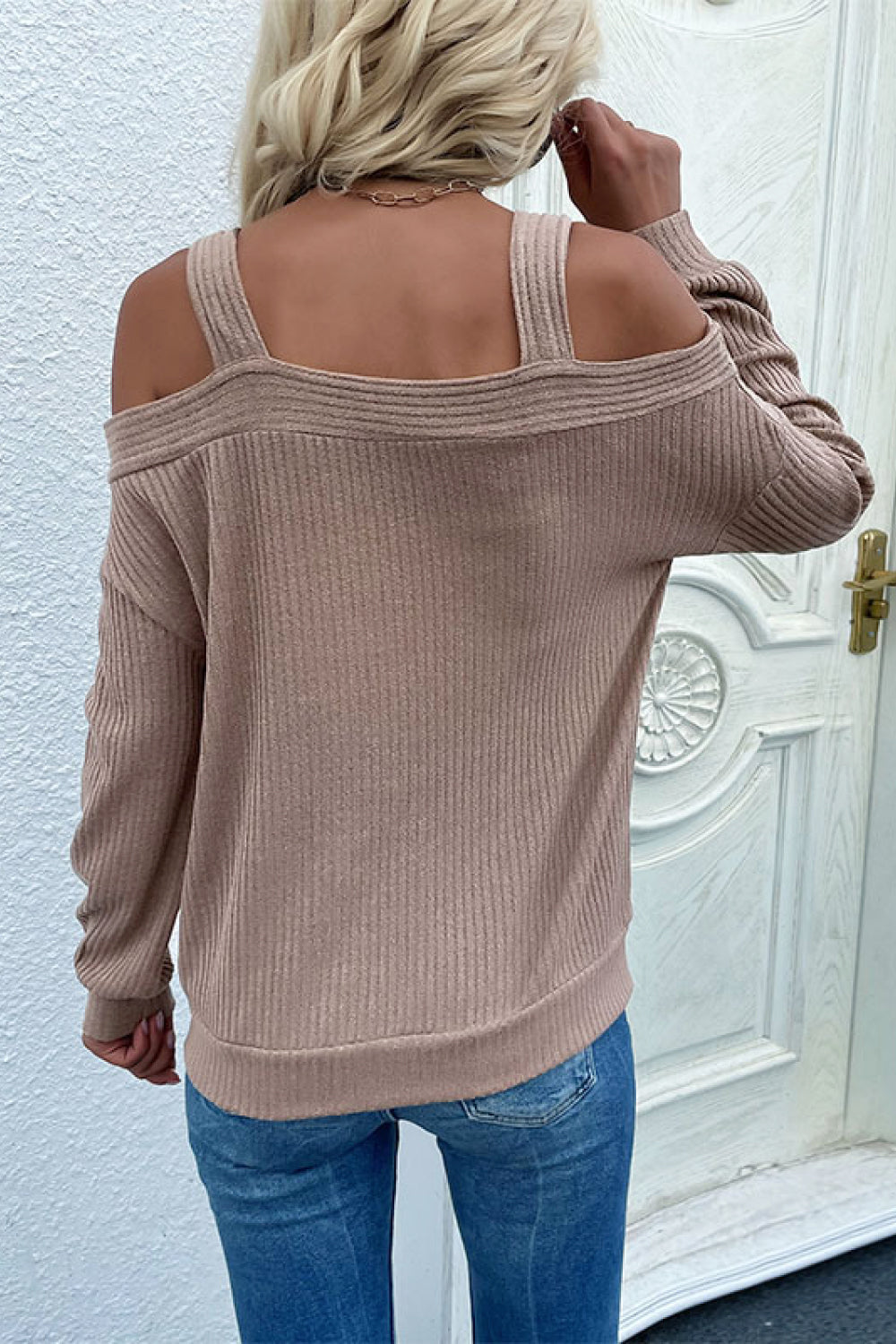 swvws Cold Shoulder Rib-Knit Sweater