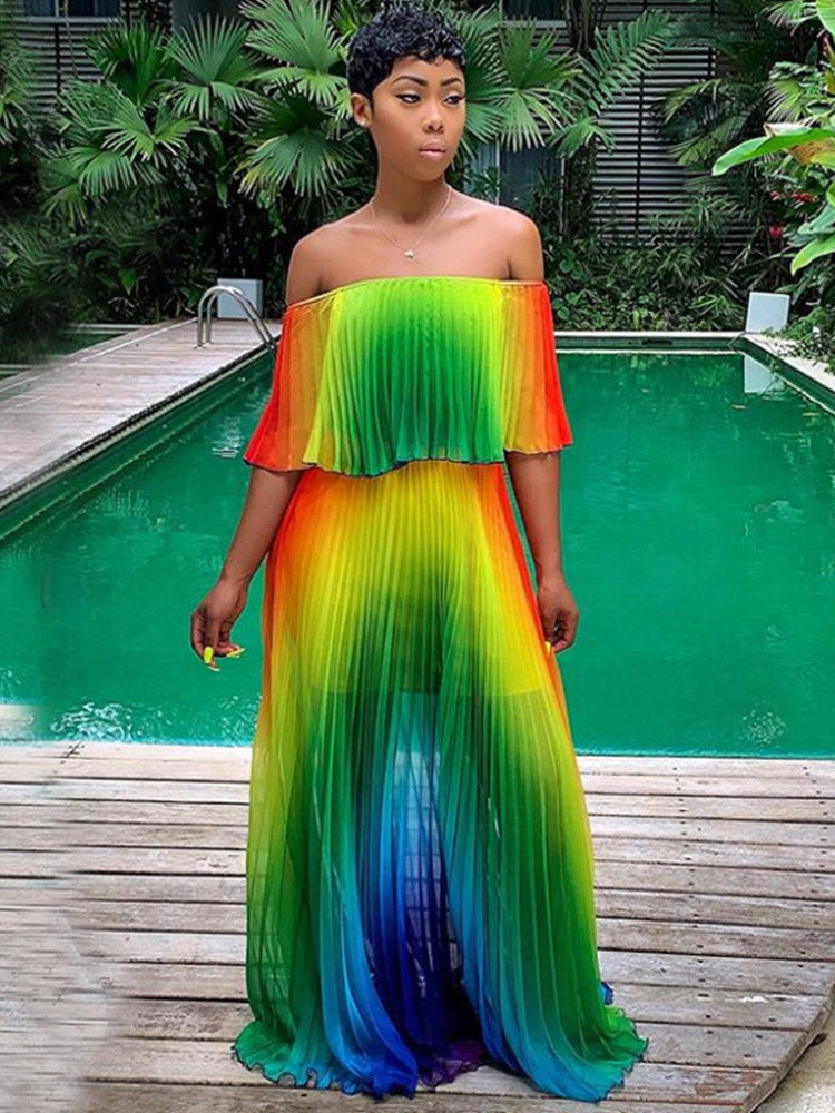 Sixsr Off Shoulder Colorful Ombre Pleated Maxi Dress