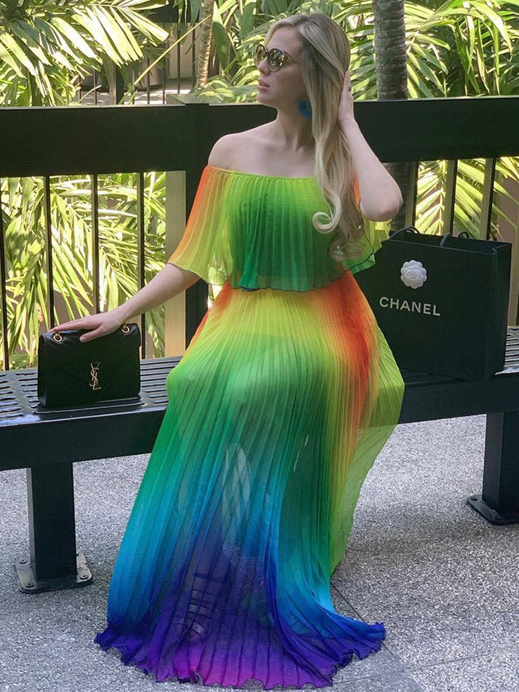 Sixsr Off Shoulder Colorful Ombre Pleated Maxi Dress