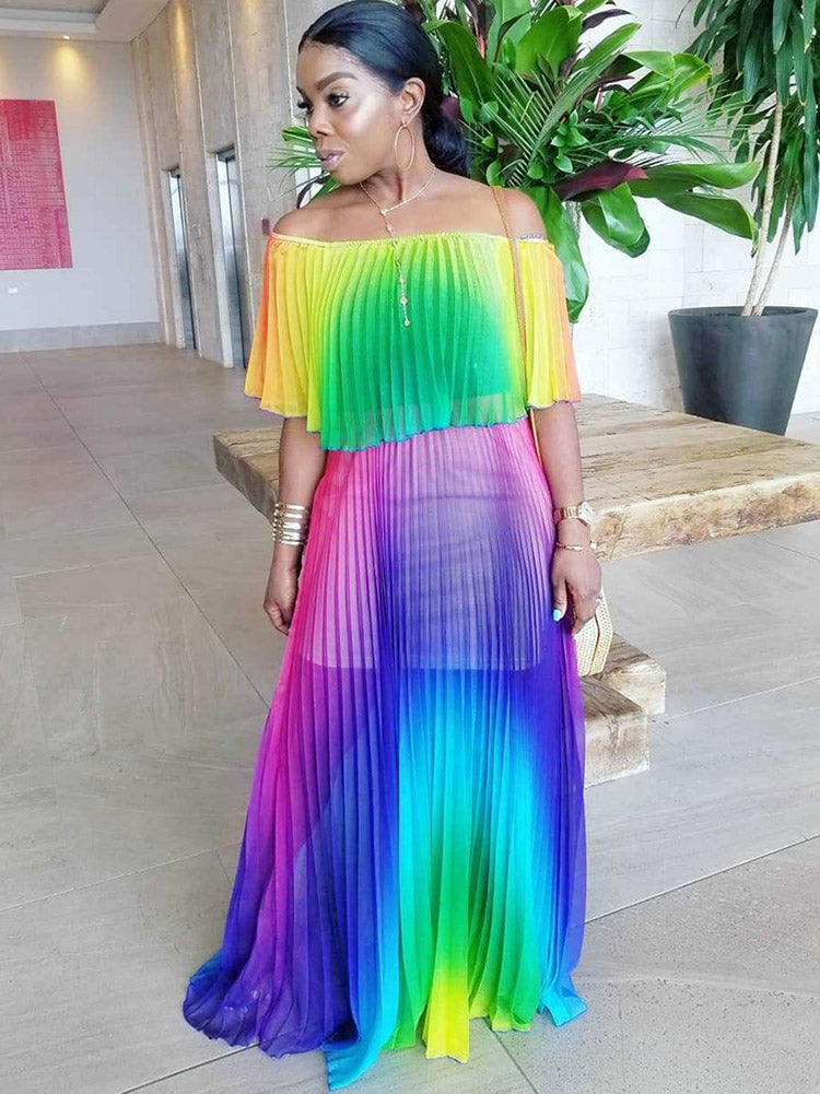 Sixsr Off Shoulder Colorful Ombre Pleated Maxi Dress