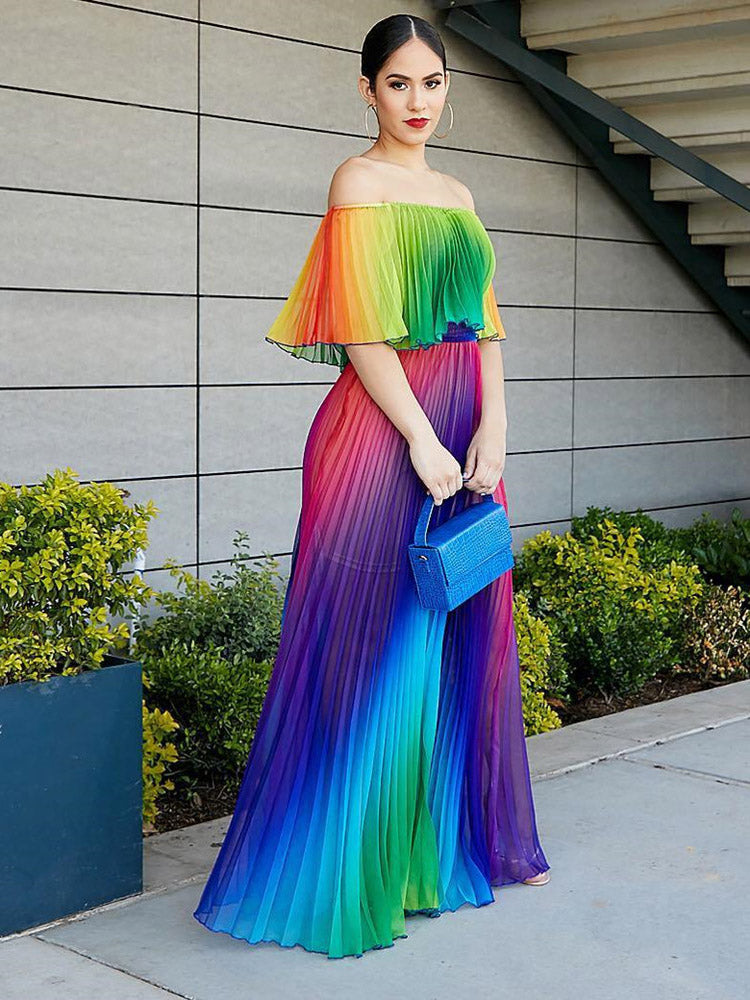 Sixsr Off Shoulder Colorful Ombre Pleated Maxi Dress