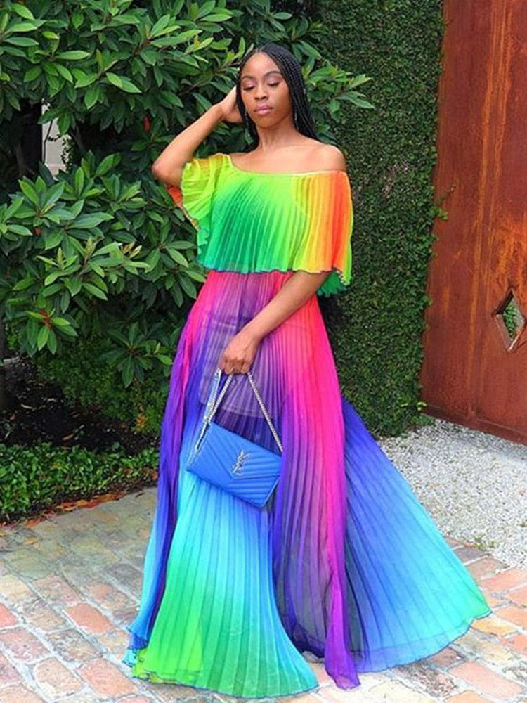 Sixsr Off Shoulder Colorful Ombre Pleated Maxi Dress