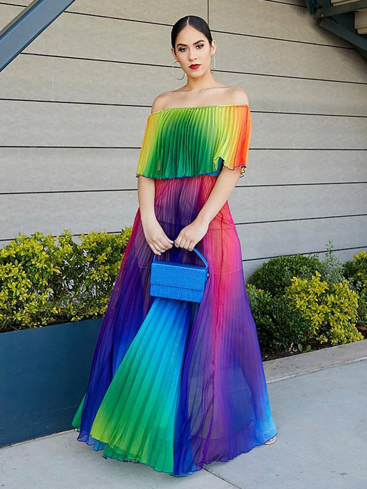 Sixsr Off Shoulder Colorful Ombre Pleated Maxi Dress