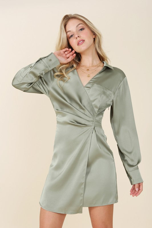 swvws Satin collared wrap mini dress