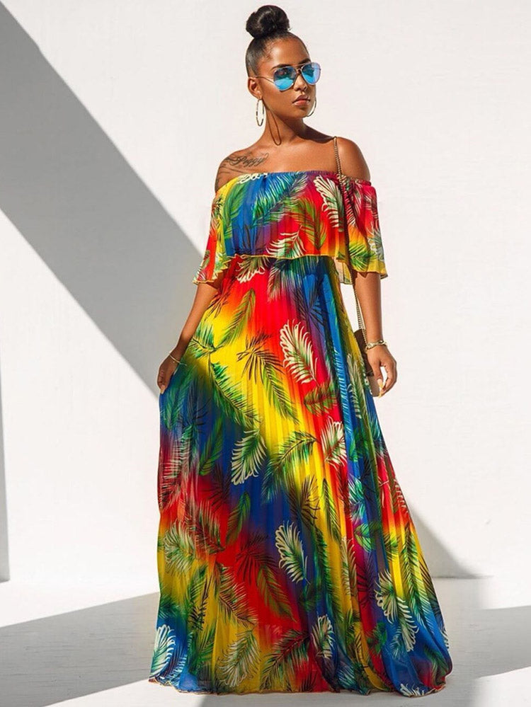 Sixsr Off Shoulder Colorful Ombre Pleated Maxi Dress