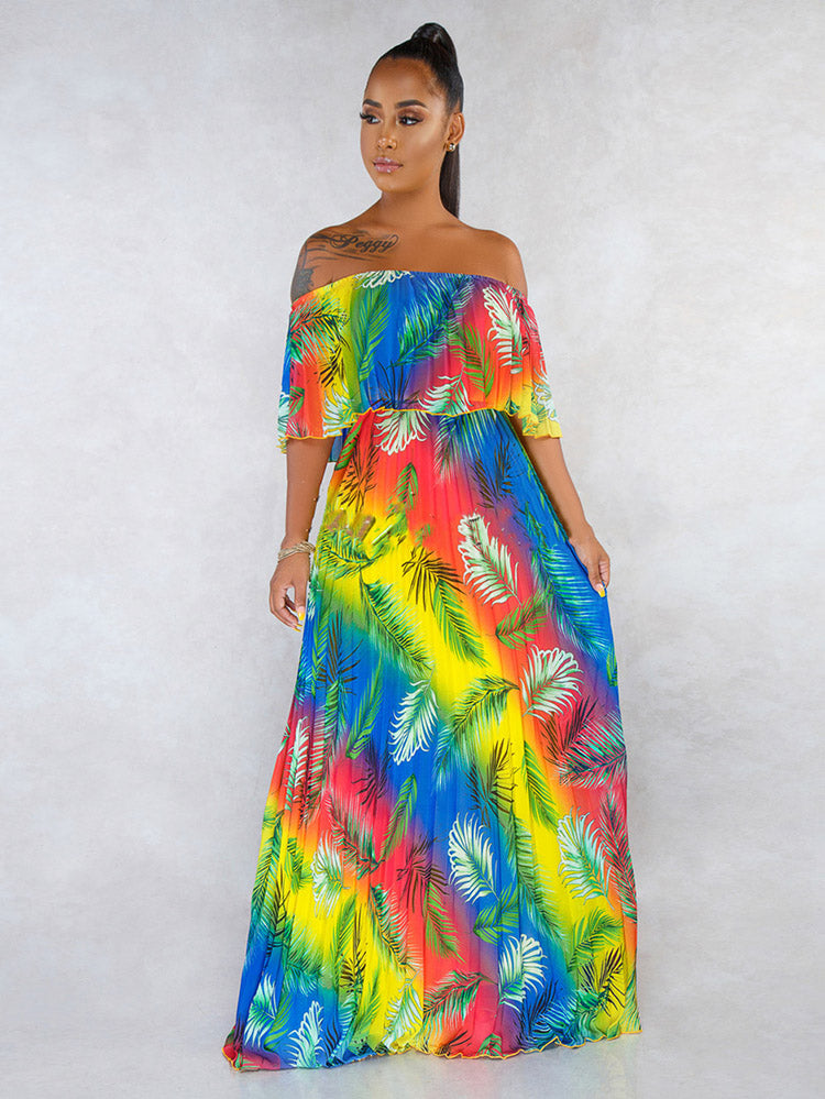 Sixsr Off Shoulder Colorful Ombre Pleated Maxi Dress