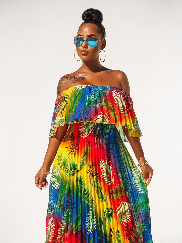 Sixsr Off Shoulder Colorful Ombre Pleated Maxi Dress