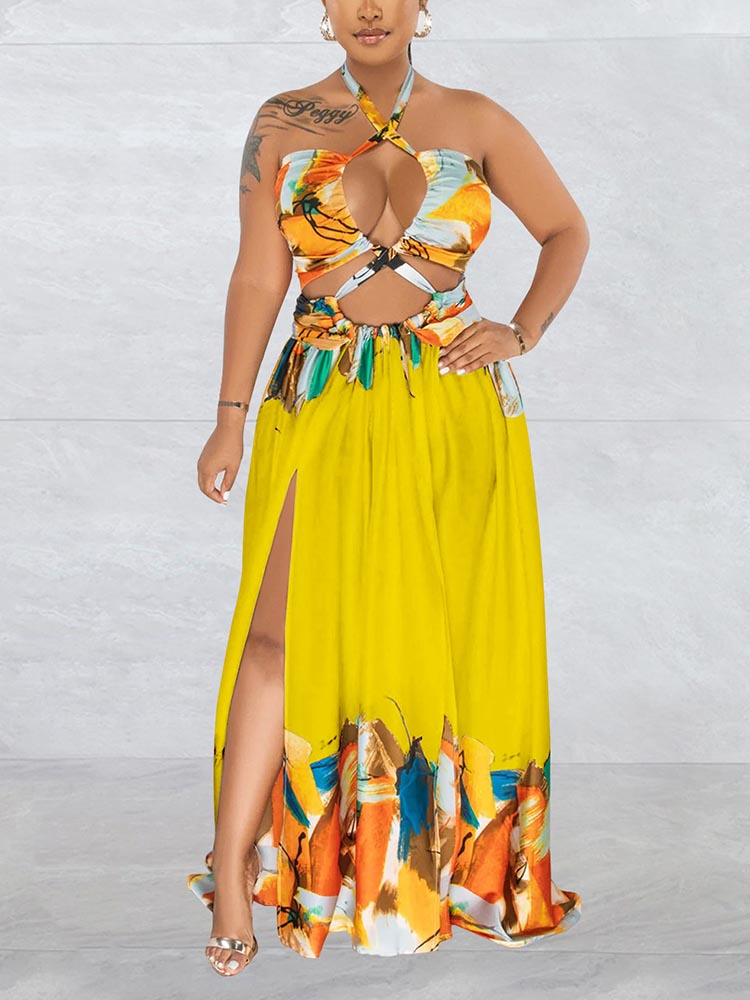 Sixsr Print Halter Cut-out Maxi Dress