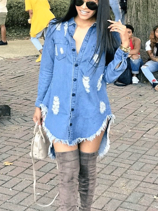 Sixsr Ripped Denim Tassel Mini Dress