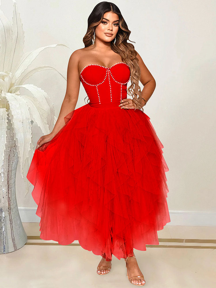 Sixsr Rhinestone Tube Tulle Prom Midi Dress