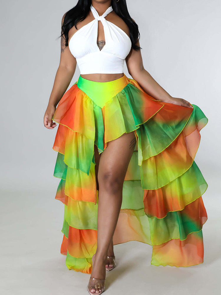 Sixsr Print High Low Tulle Slit Skirt