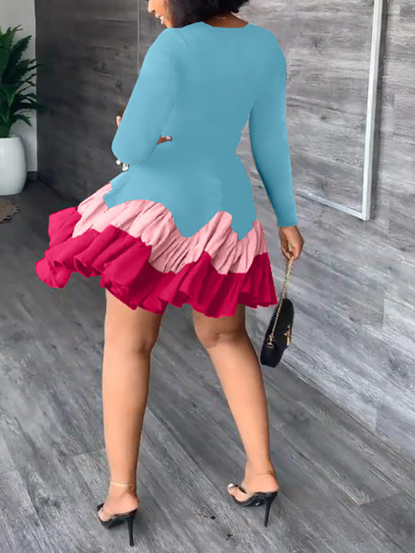 Sixsr Color Block Ruffle Mini Dress