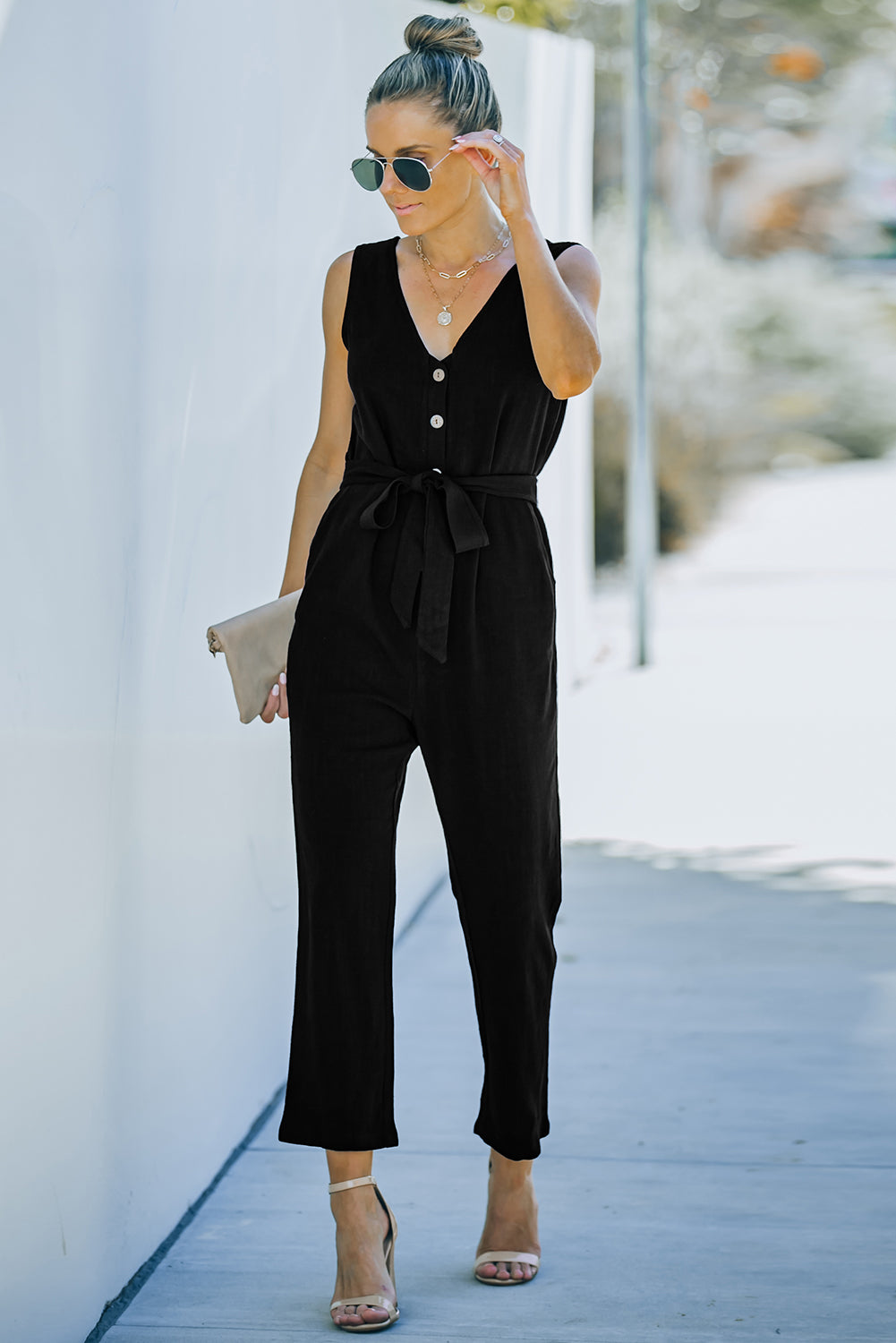 swvws V-Neck Tie Waist Sleeveless Jumpsuit