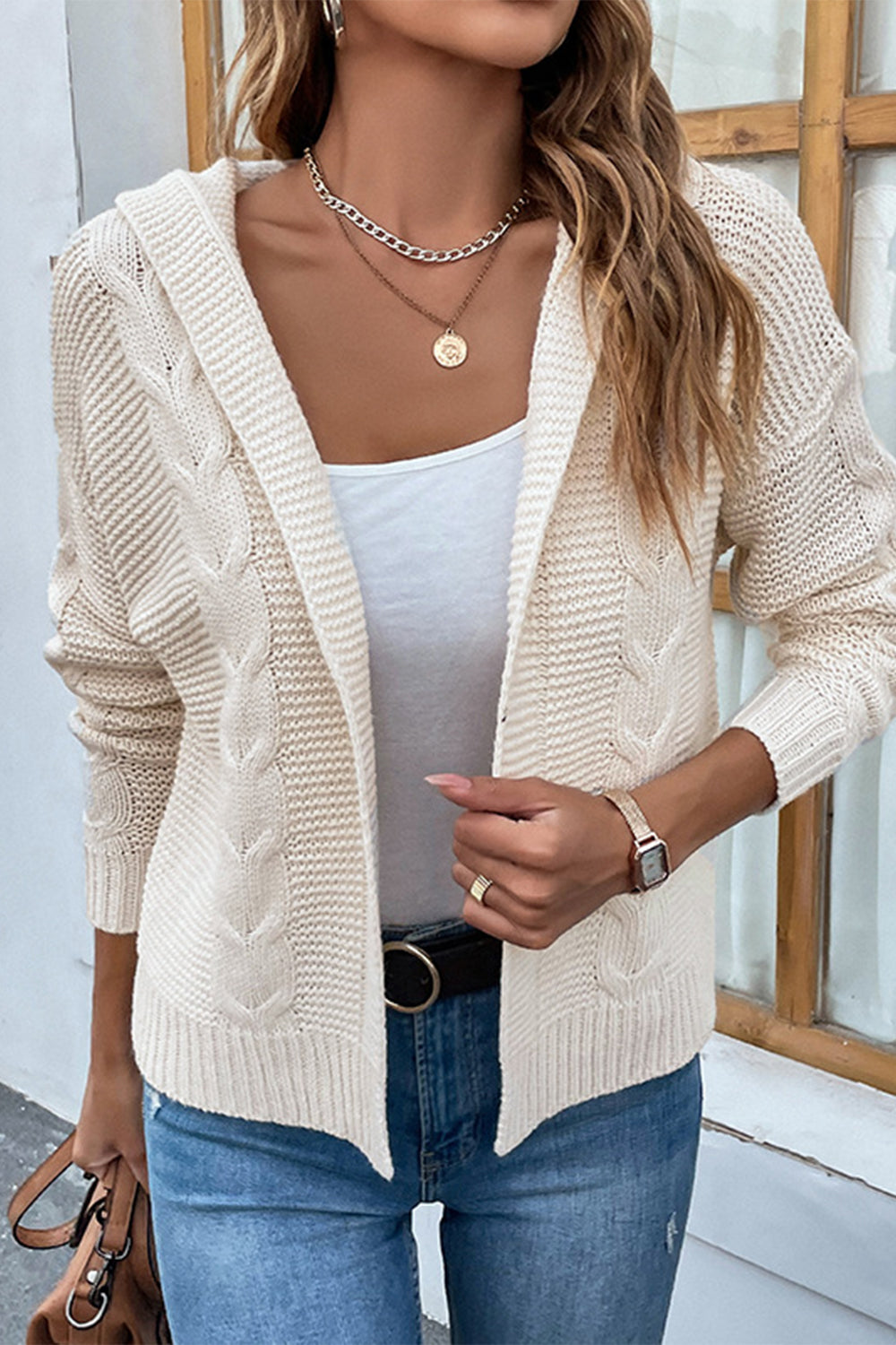 swvws Cable-Knit Dropped Shoulder Hooded Cardigan