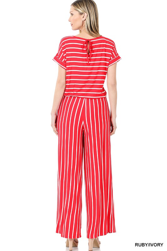 swvws Stripe Jumpsuit Elastic Waist Back Keyhole